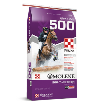Omolene #500 Competition Horse Feed. Purple and white equine feed bag.