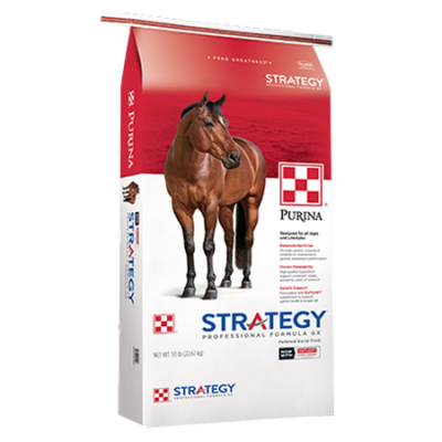 Purina Strategy Professional Formula GX Horse Feed. Red and white equine feed bag.