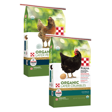 Purina Organic Layer Pellets and Crumbles. Poultry feed bag product group.