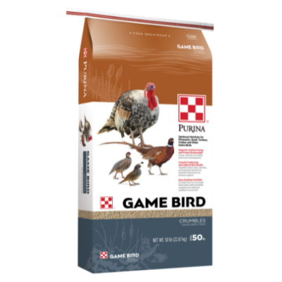 Purina Game Bird Maintenance. Tan,teal poultry 50-lb feed bag. Various game birds.