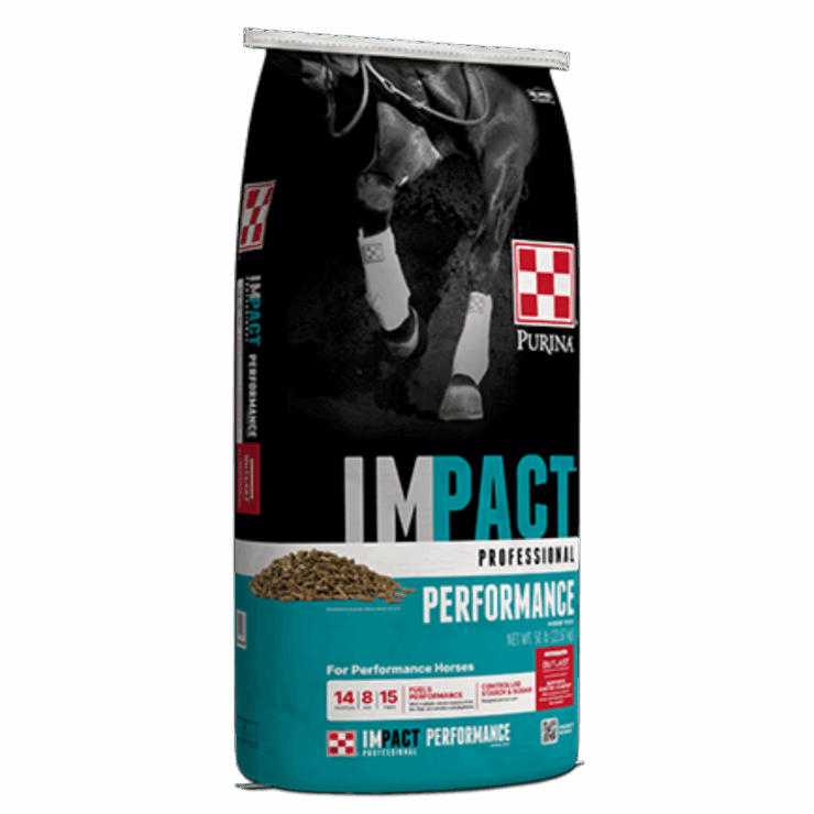 bag of Purina Impact Professional Performance Horse Feed