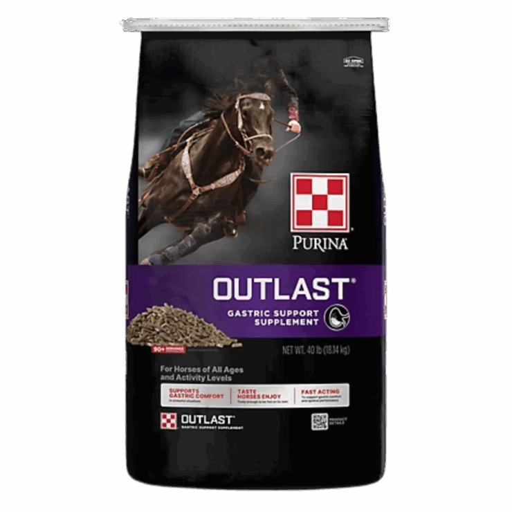 Purina Outlast Gastric Support Supplement. Black and purple 40-lb bag