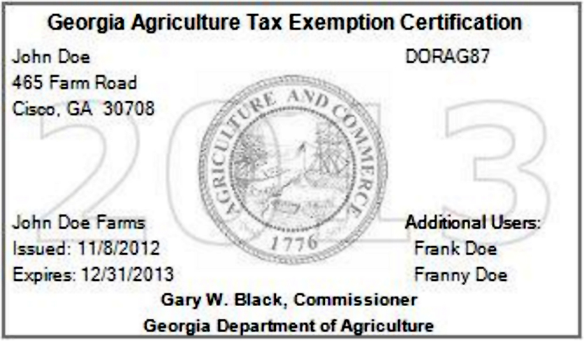 Georgia Agricultural Tax Exemption (GATE) Card