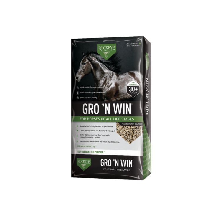 BUCKEYE Gro N Win Horse Feed. Black and green feed bag.