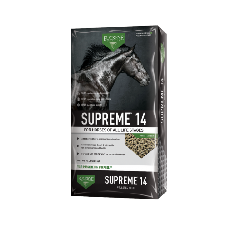 Buckeye Supreme 14 Horse Feed for all life stages.