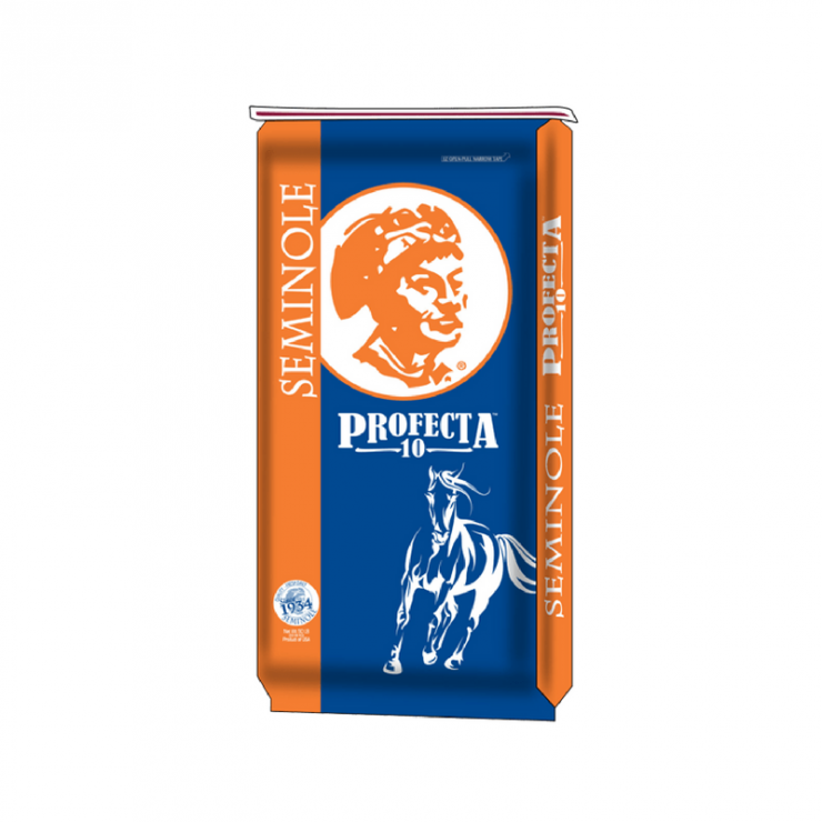 Seminole Profecta 10 pelleted horse feed. Blue and orange 50-lb feed bag.