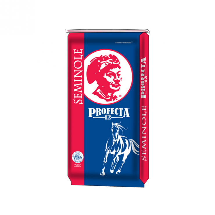 Seminole Profecta 12 Horse Feed. Blue and red 50-lb feed bag.