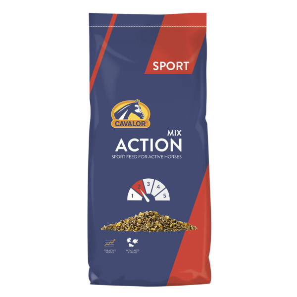 Cavalor Action Mix horse feed for active horses. Blue and red 48.5-lb feed bag.