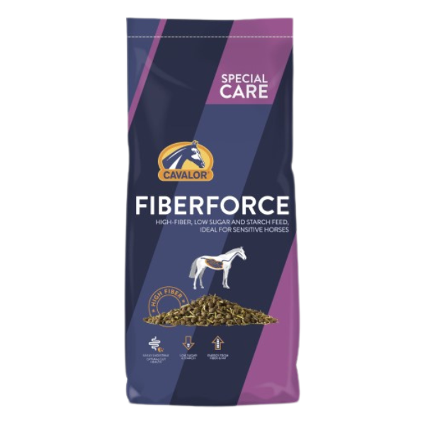 Cavalor FiberForce special care horse feed. Purple feed bag.