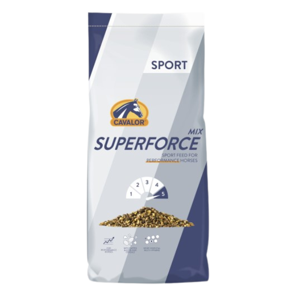 Cavalor Superforce Sport Horse Feed. Blue and white 44-lb bag.
