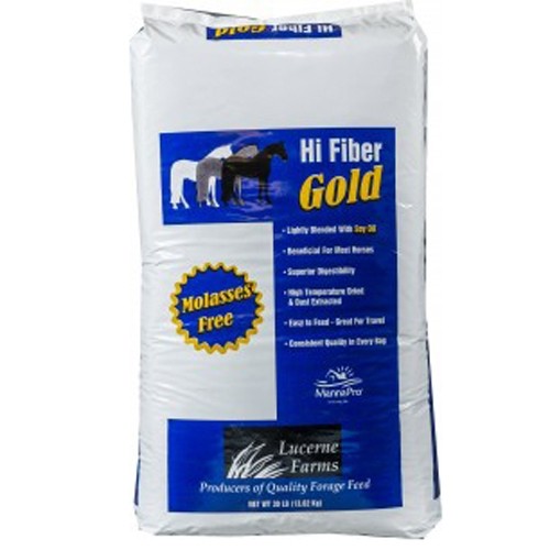 Hi Fiber Gold short-chop measured blend of timothy, oat and alfalfa hay. Wrapped in plastic bag.