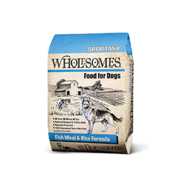 SPORTMiX® Wholesomes Fish Meal and Rice Formula. Dry dog food bag.