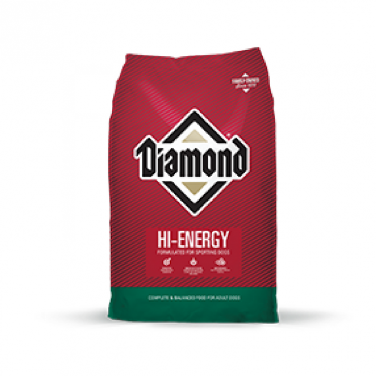 Diamond Hi-Energy Dog Food. Red and green dry dog food bag.