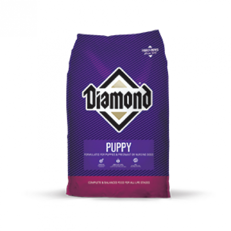 Diamond Puppy Food. Purple dog food bag.