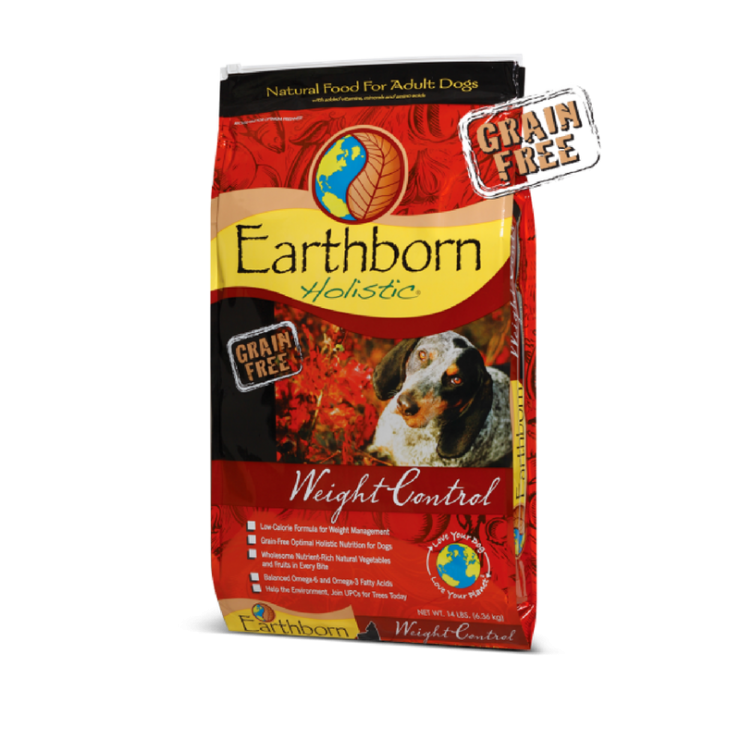 Earthborn Weight Control. Red and yellow dry dog food bag.