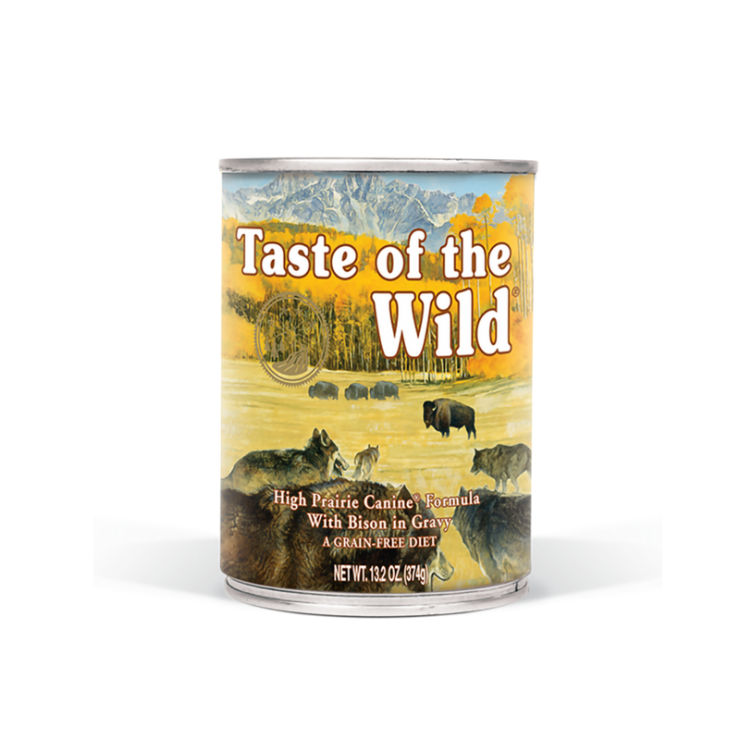 Taste of the Wild High Prairie Canine Formula. Yellow wet dog food can.