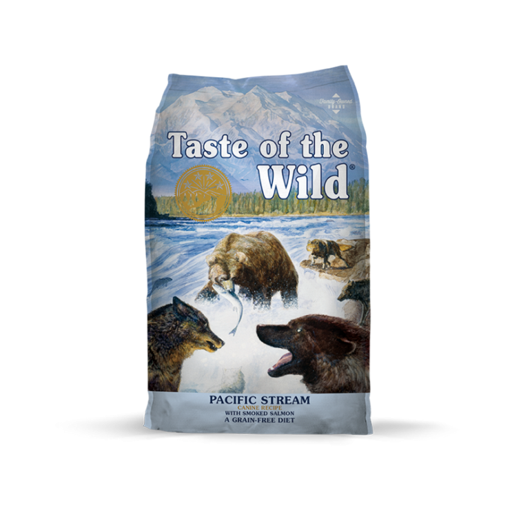 Taste of the Wild Pacific Stream Canine Recipe. Premiun dry dog food. Blue feed bag.