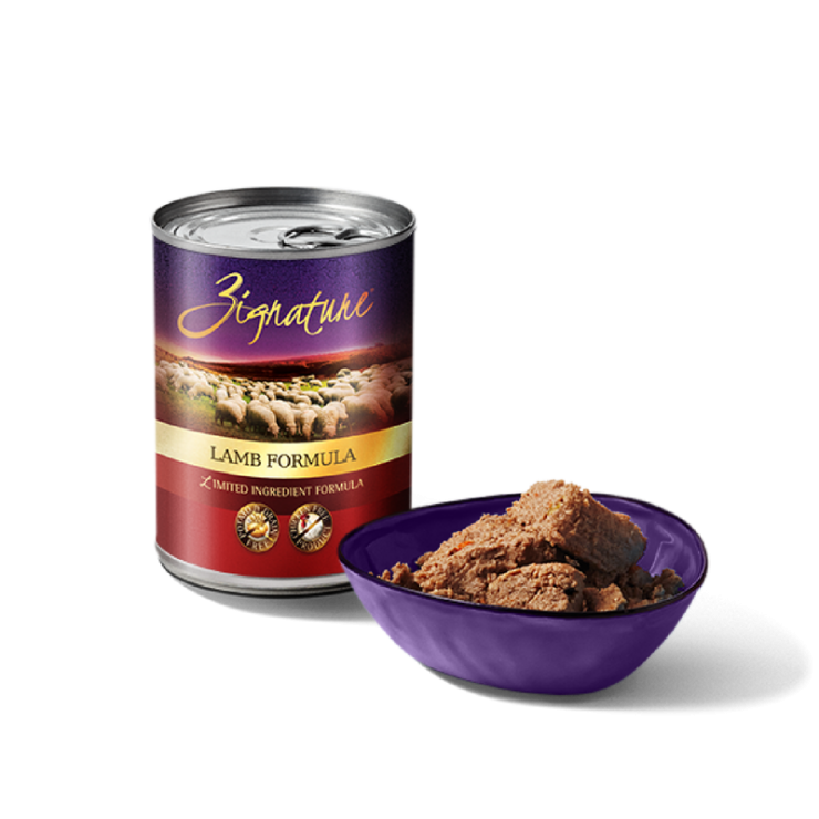 Zignature Canned Lamb Formula wet dog food.