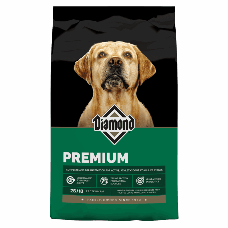 Diamond Premium Adult. Green pet food bag.