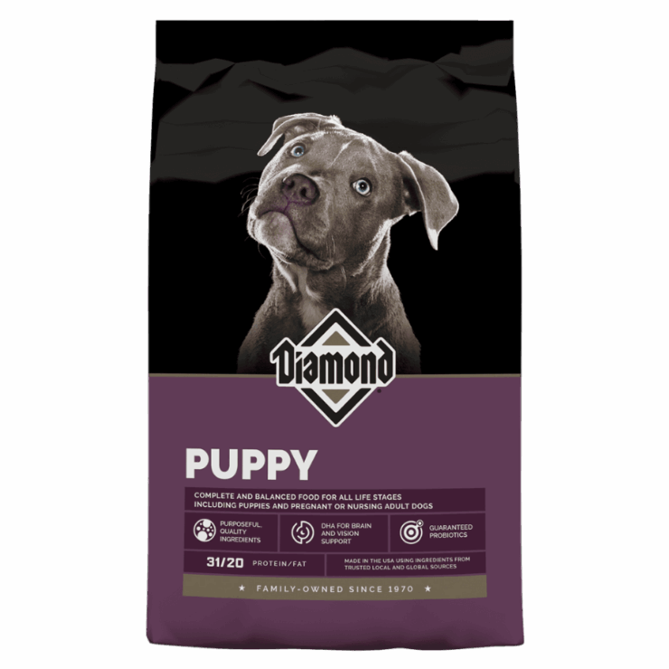Diamond Puppy Food. Purple pet food bag.