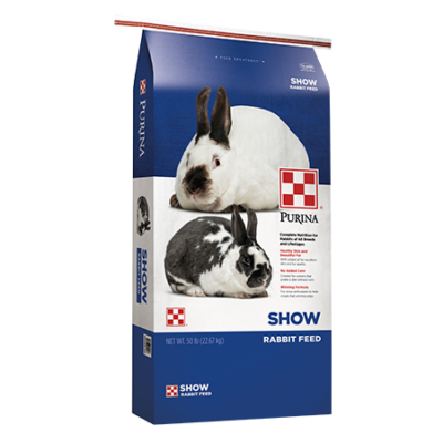 Purina Show Rabbit Feed. Blue and white feed bag.