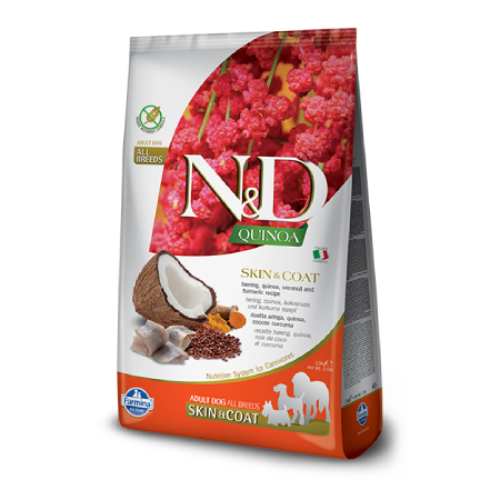 Farmina N&D Quinoa Skin & Coat With Herring. Orange and white dry dog food bag.

