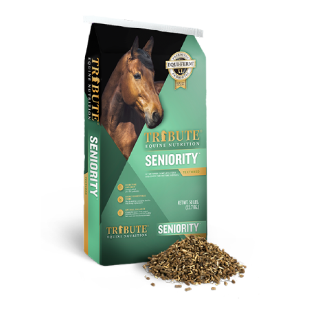 a bag of Tribute Seniority Textured Horse Feed