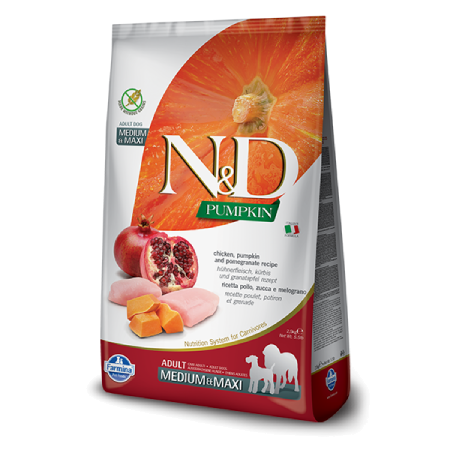 Chicken and Pomegranate Adult Medium Dry Dog Food. Orange and white pet food bag.