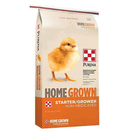 Purina Home Grown Starter Grower. Non-medicated feed for young chicks. Poultry feed bag.