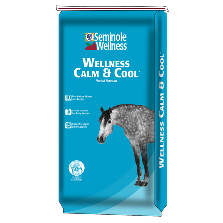 Seminole Wellness Calm & Cool Horse Feed. Light blue feed bag.