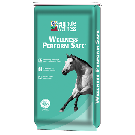 Seminole Wellness Perform Safe Horse Feed. Green equine feed bag.