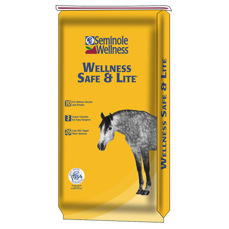 Seminole Wellness Safe & Lite Horse Feed. Yellow equine feed bag.