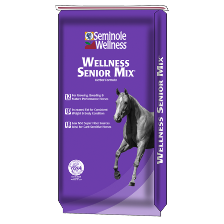 Seminole Wellness Senior Mix Horse Feed. Purple equine feed bag.