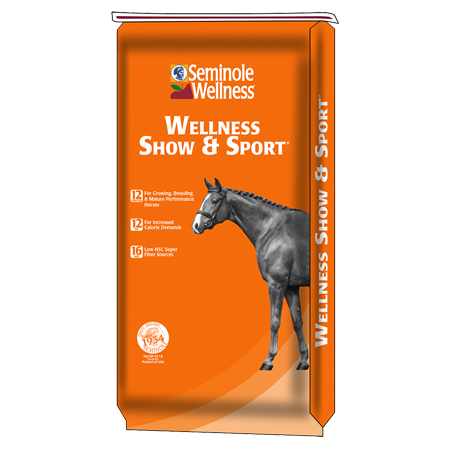 Seminole Wellness Show & Sport Horse Feed. Orange equine feed bag.