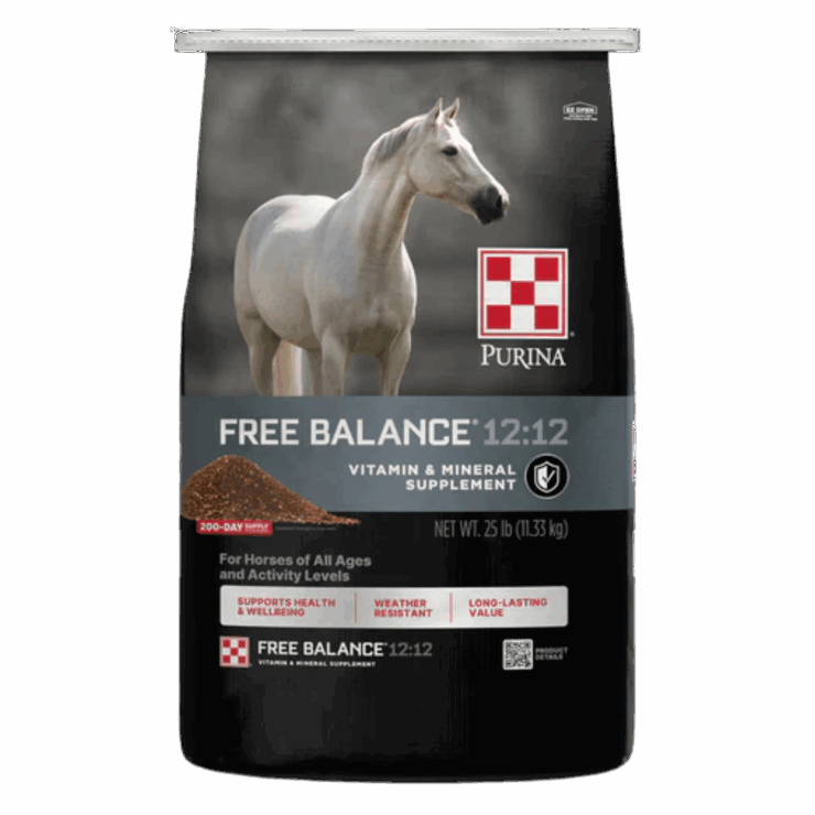 Purina Free Balance 12:12 Vitamin & Mineral Supplement. Grey bag with white horse.