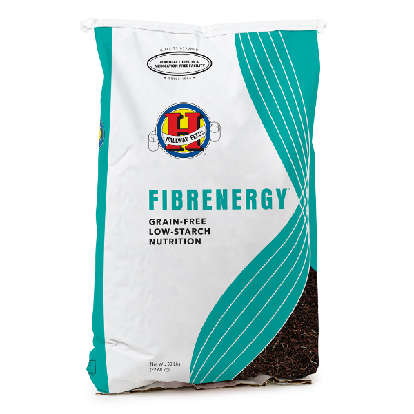 Hallway Feeds Fibrenergy Horse Feed. 50-lb teal feed bag.