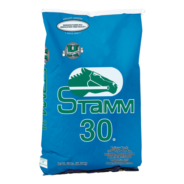 Hallway Feeds Stamm 30. Blue 50-lb bag of performance horse feed.