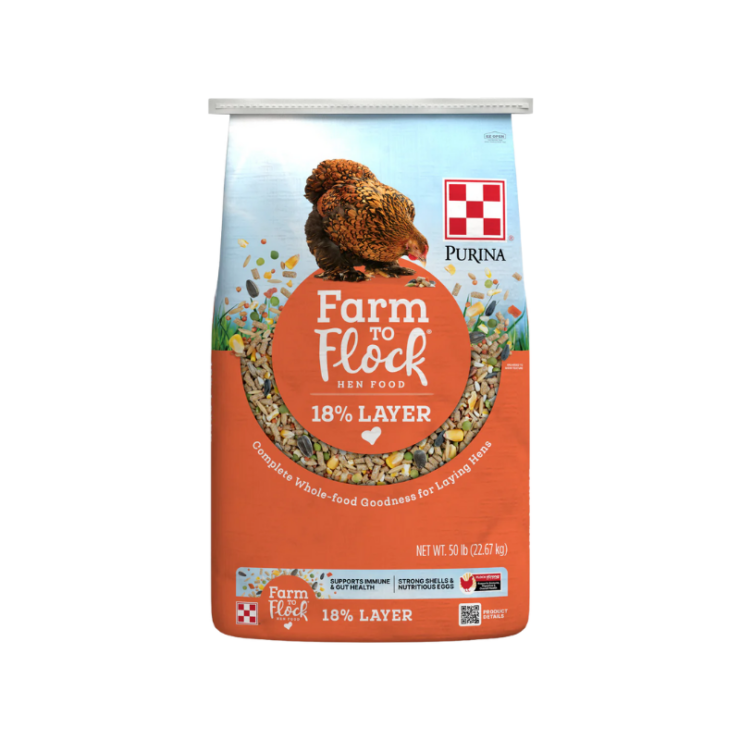 Orange bag of Purina Farm to Flock 18% Layer Hen Food