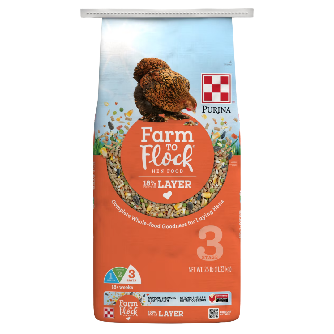 Purina Farm to Flock 18% Layer Hen Food Purina Farm to Flock 18% Layer Hen Food. Orange feed bag.