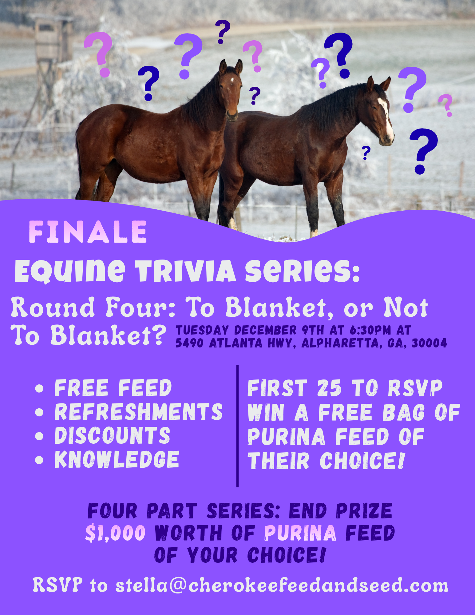 Equine Trivia Series: Round 4 at North Fulton Feed details listing date and theme, the colors are purple and pink with horses standing in icy weather.