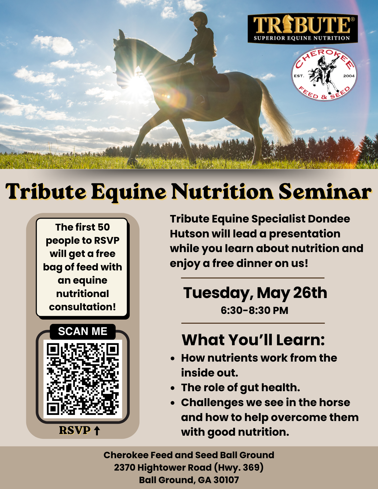 Join Us at An Tribute Equine Nutrition Seminar! Flyer shows details as listed here, photo of woman riding horse.