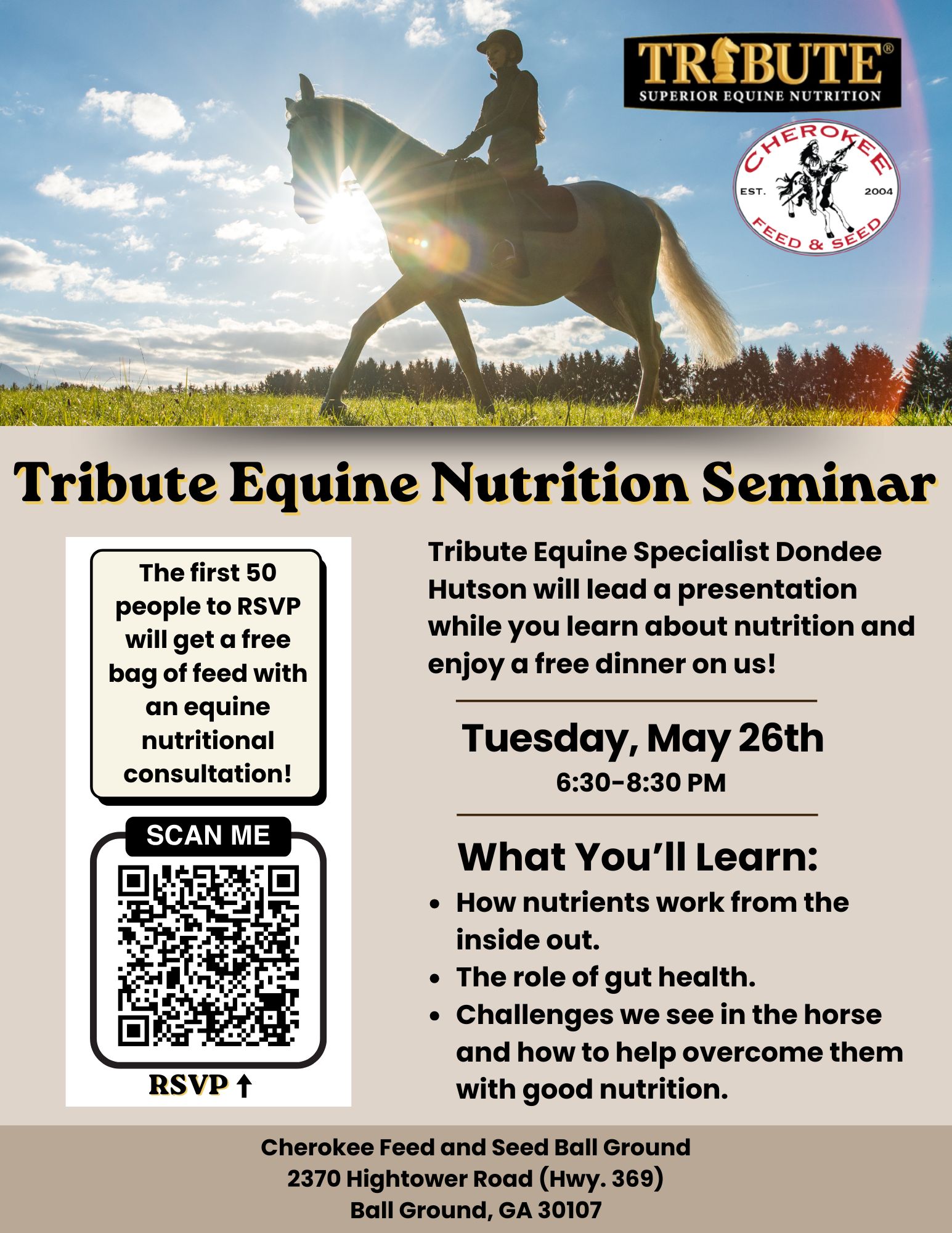 Join Us at An Tribute Equine Nutrition Seminar! Flyer shows details as listed here, photo of woman riding horse.