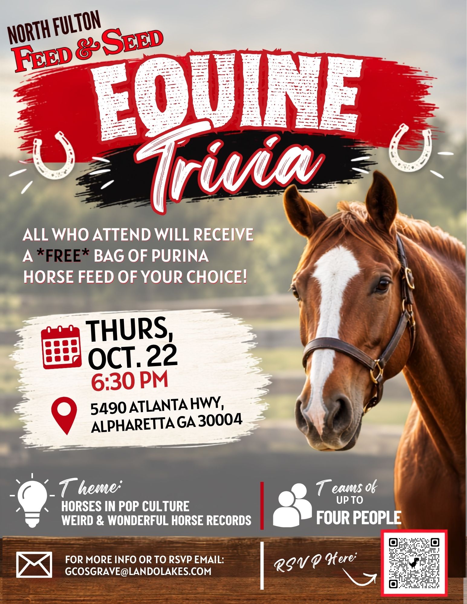 Red, gray and black color palette with a horse on it and the trivia night details from the article