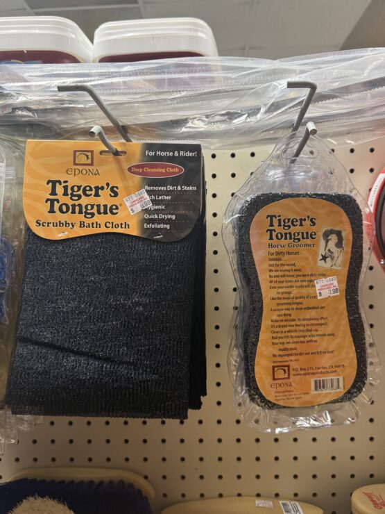 Epona Tiger's Tongue Horse Groomer and Epona Tiger's Tongue Scrubby Bath Cloth on display