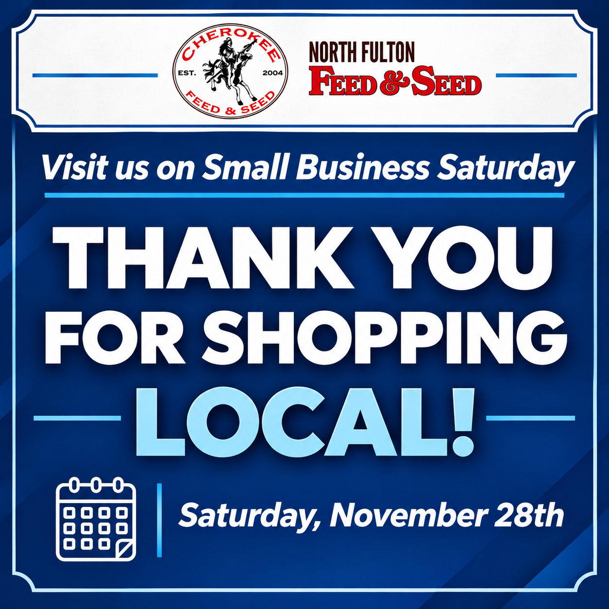 Graphic that says visit us Small Business Saturday, Thank you for Shopping Local, Sat. Nov 28th